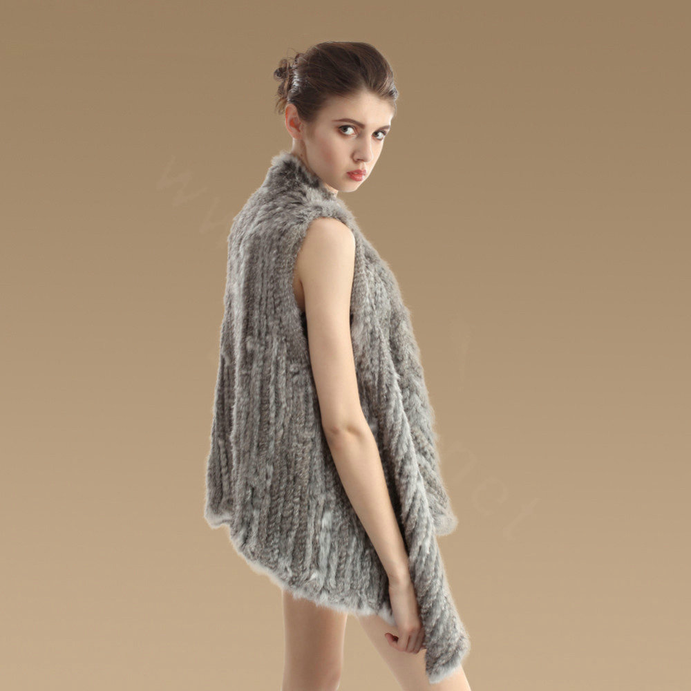 Hot sales Luxury Irregular Knitted Natural Rabbit Fur Vests Cape Women Fur Waistcoat - Natural Grey
